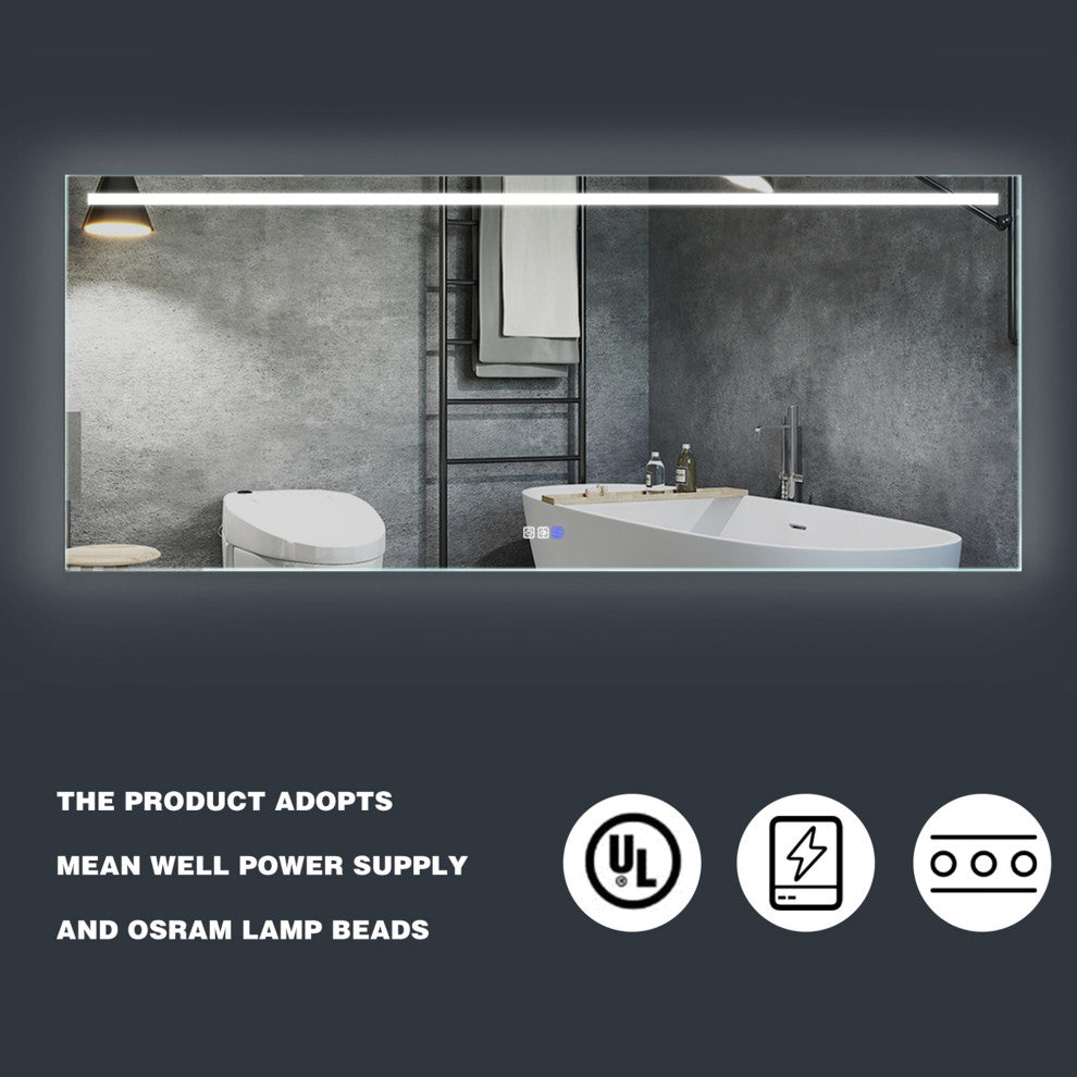 Rectangular Frameless Anti-fog Bathroom LED Mirror, 72x30