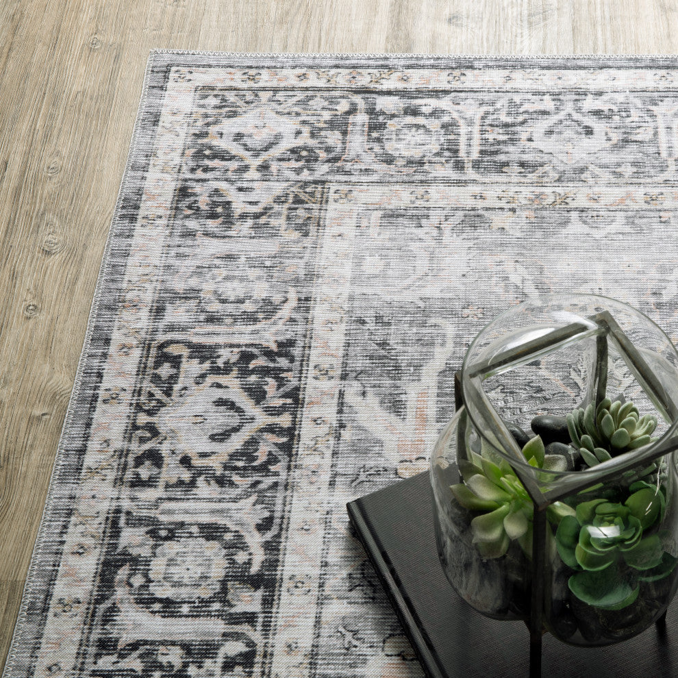 Celestia Machine Washable Vintage Indoor Area Rug, Charcoal, 5'x7'