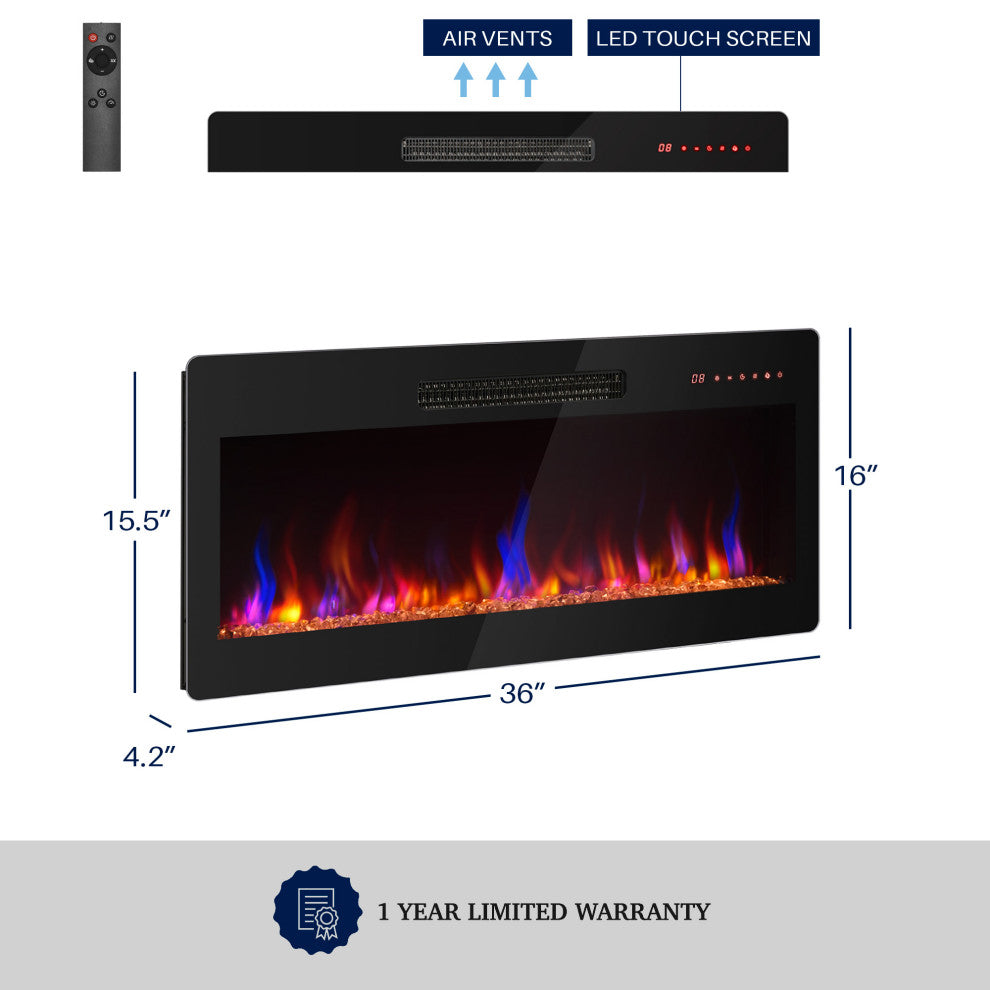 36" Electric Fireplace Heater, 1400 W Recessed & Wall Mounted/ Freestanding