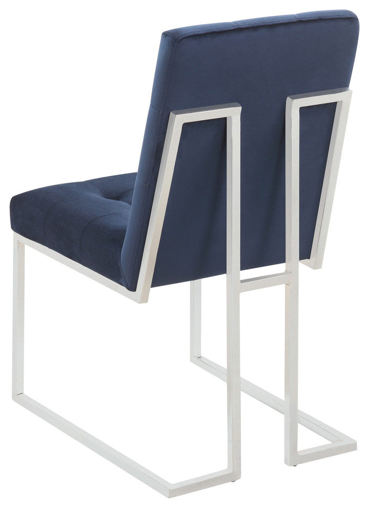 Set of 2 Fabic Dining Chairs, Blue and Chrome