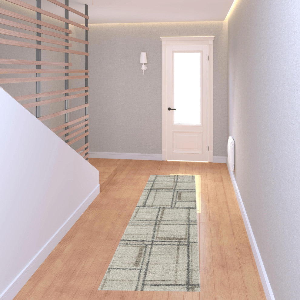 8' Runner Grey Teal Beige and Tan Geometric Power Loom Runner Rug
