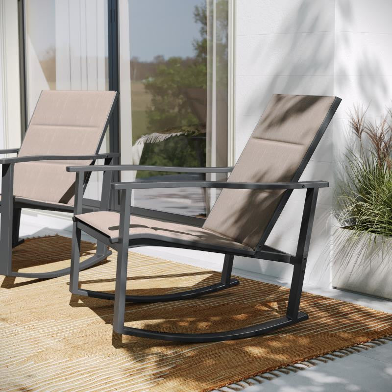 Set of 2 Outdoor Rocking Chairs with Flex Comfort Material and Metal Frame, Brown/Black