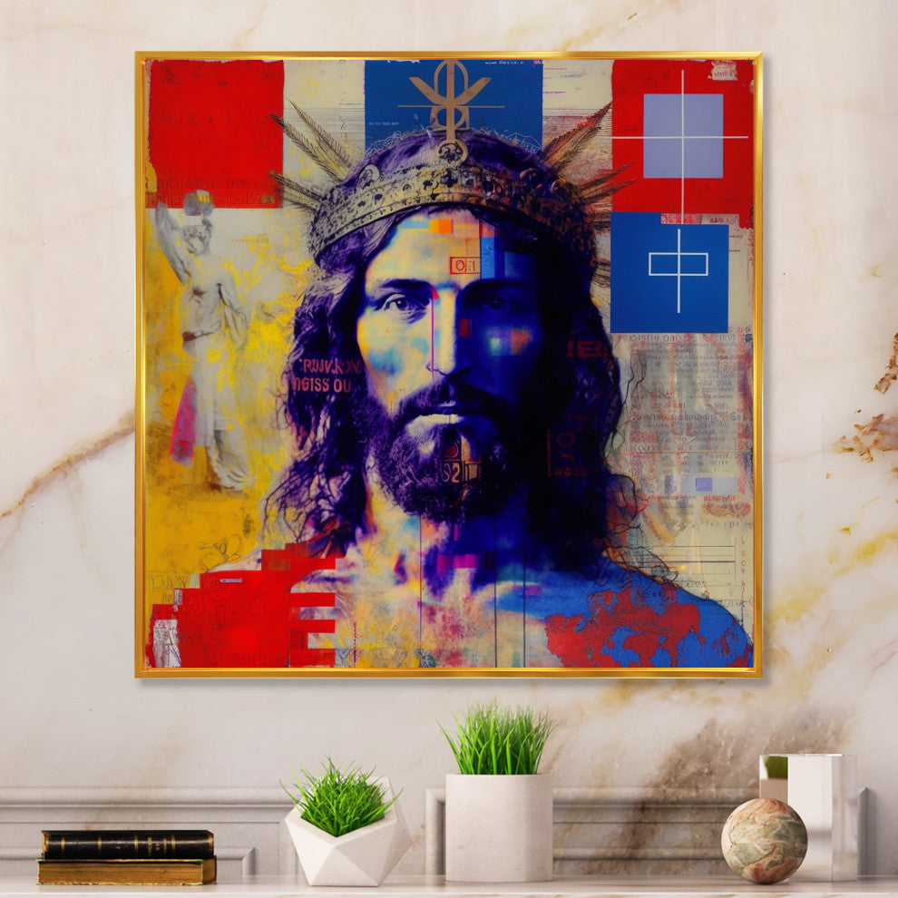 Pop Art Jesus Portrait II Framed Canvas, 36x36, Gold