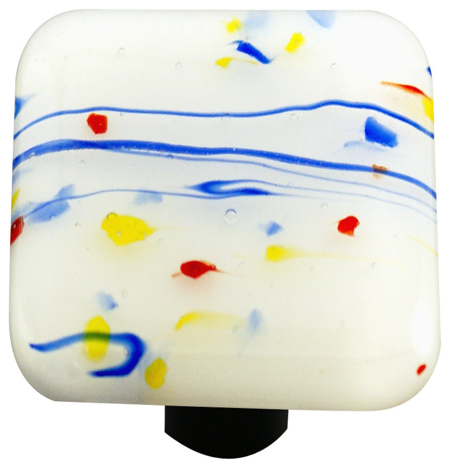 Art Glass Square Mardi Gras Knob, Black Post, Multi Colored Mg White