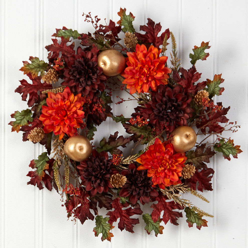 24" Fall Dahlia, Golden Apple, Oak Leaf and Berries Autumn Artificial Wreath