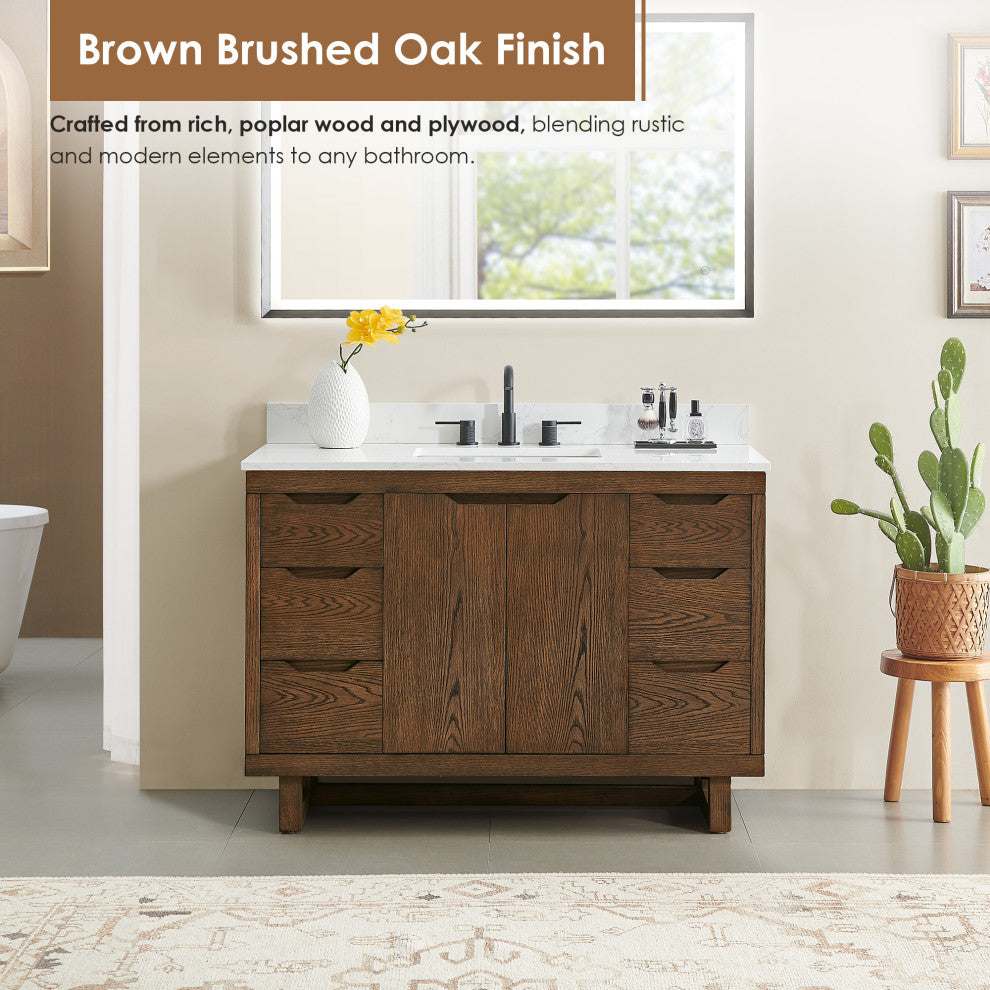 Mowry Bathroom Vanity, Brown Brushed Oak, 48", With Mirror