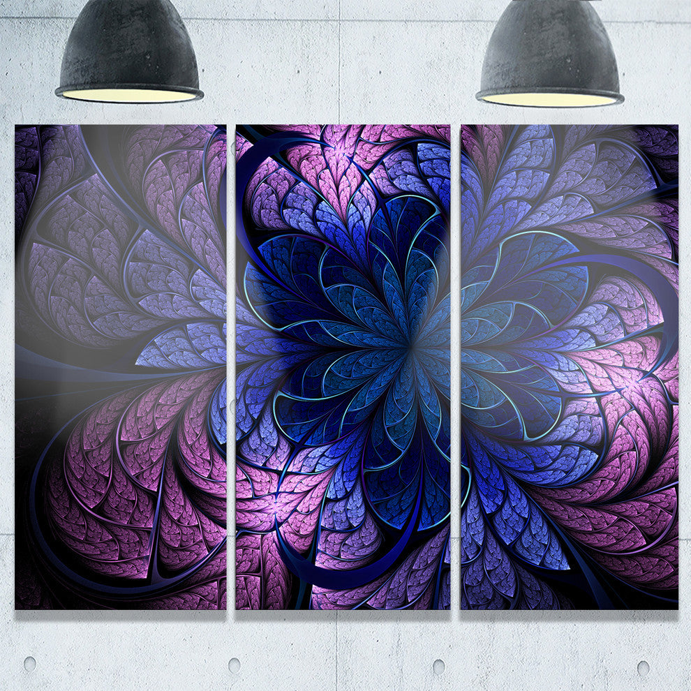 "Blue Purple Digital Fractal Flower" Metal Wall Art, 3 Panels, 36"x28"
