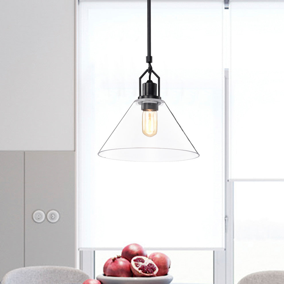 1-Light Matte Black 12 in. Pendant With Clear Cone Glass Shade