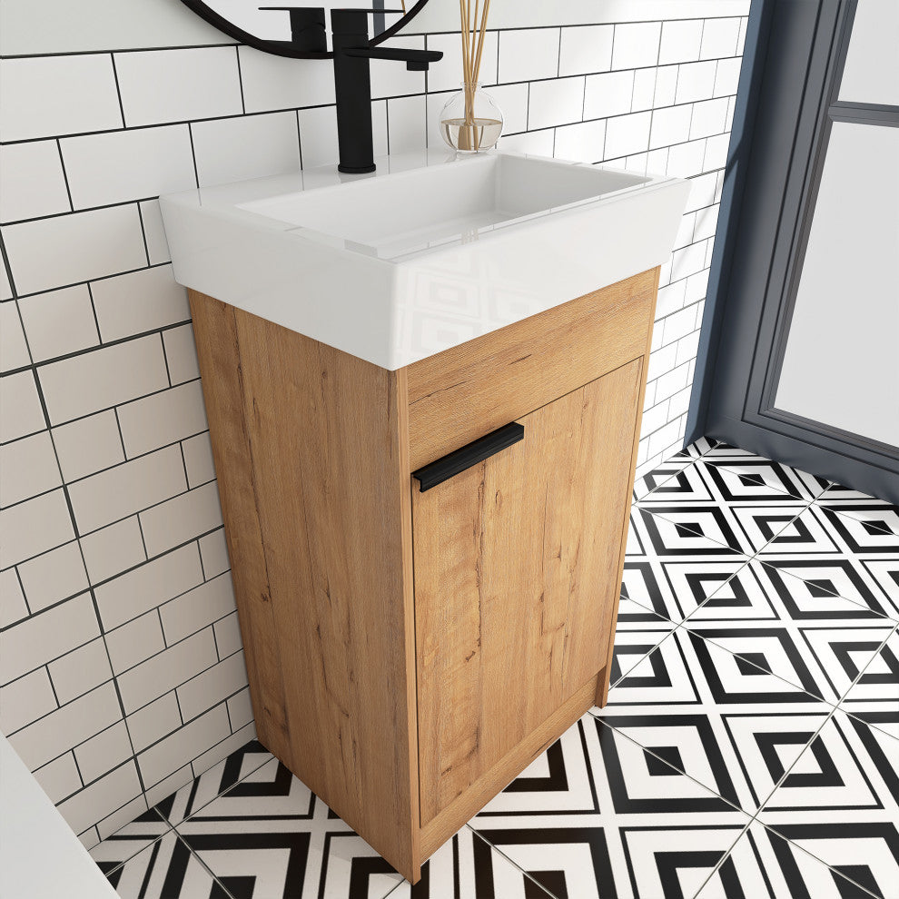 18x15., Bath Vanity, Imitative Oak With White Ceramic Top and Basin