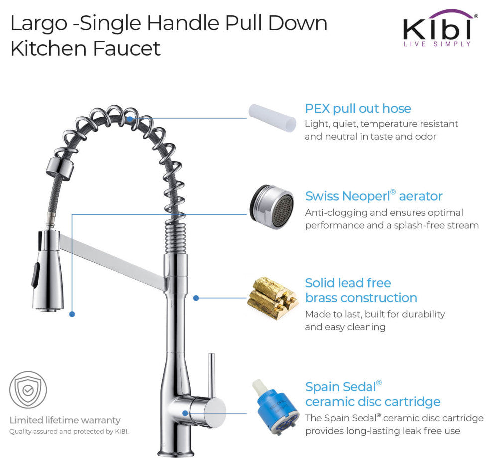 Largo Single Handle Pull Down Kitchen Faucet, Chrome