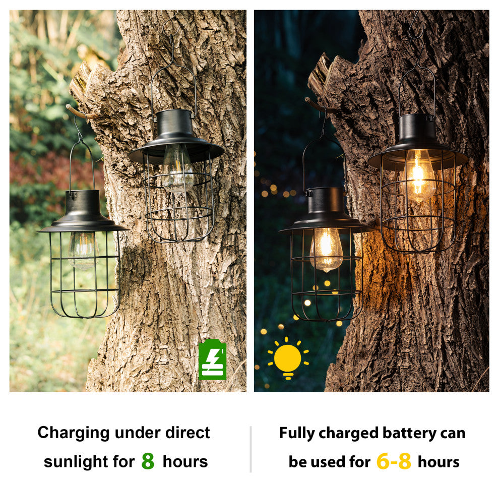 Metal Wire Solar Powered Hanging Lantern, 2-Piece Set