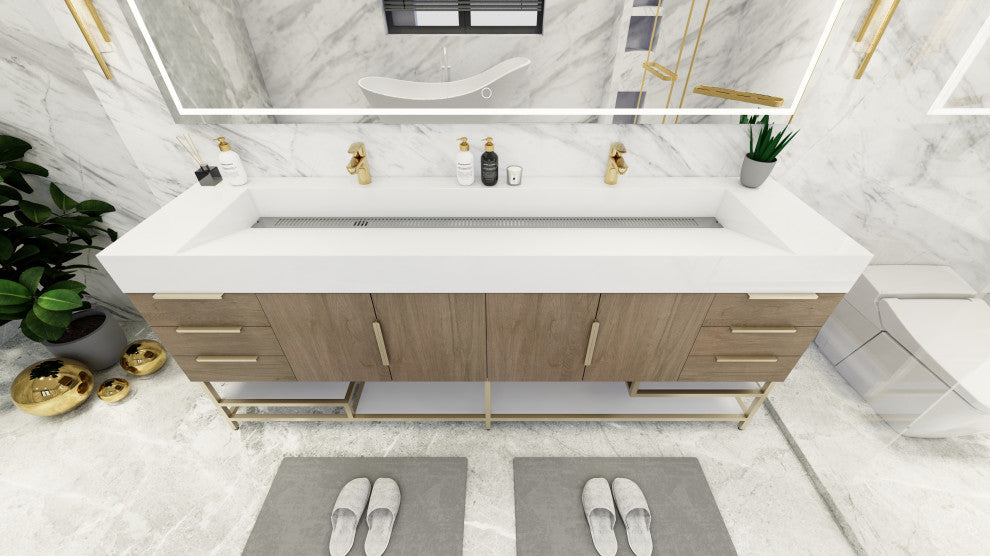 Madison 84" Free Standing Double Sink Vanity with Reinforced Acrylic Sink, Light Oak