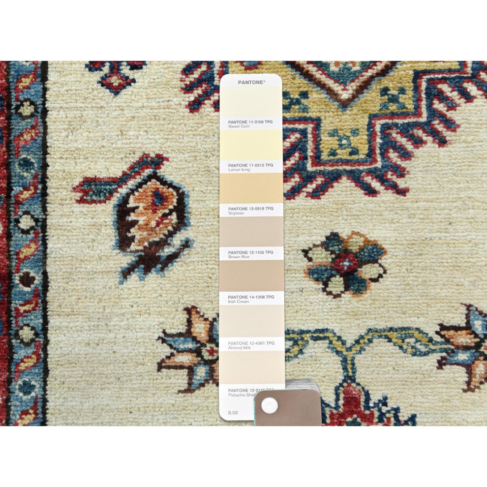 Ivory, Soft Wool, Hand Knotted Afghan Super Kazak Runner Rug, 2'7"x8'6"
