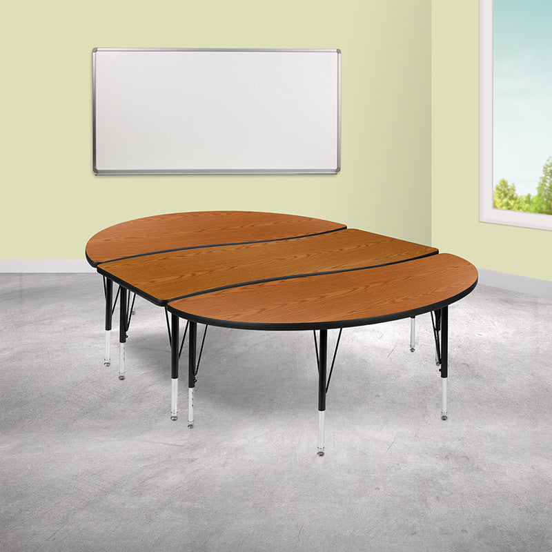 3 Piece 86" Oval Wave Activity Table Set - Height Adj. Short Legs, Oak