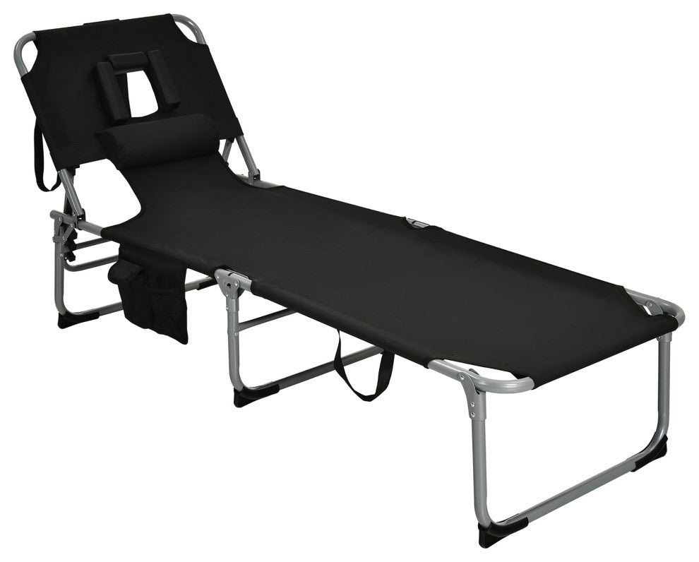 Goplus Outdoor Beach Lounge Chair Folding Chaise Lounge with Pillow Black