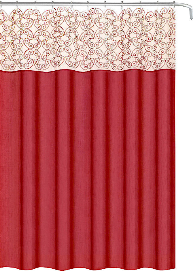 Decorative Red Fabric Shower Curtain, Scroll Embroidered Sheer Panel