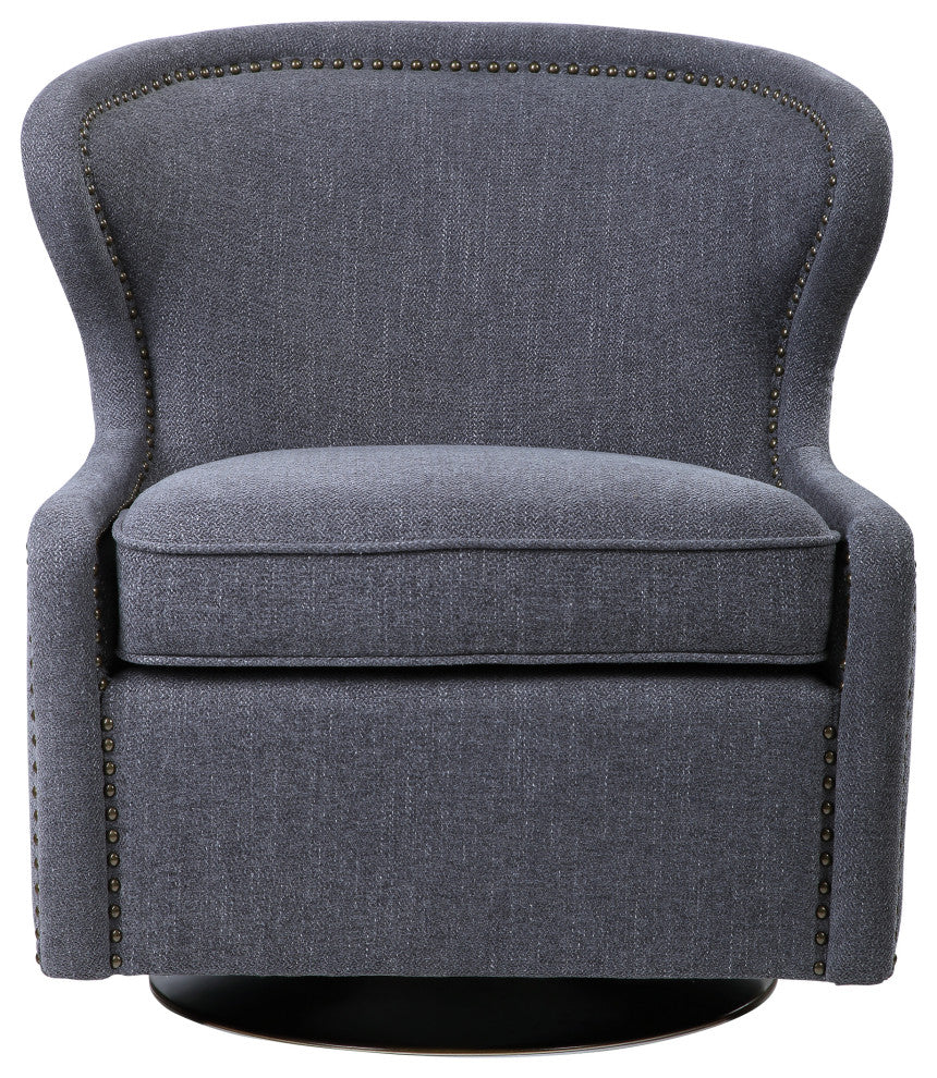 Modern Charcoal Gray Wing Back Accent Chair Swivel Mid Century Plush Herringbone