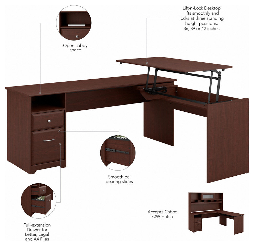 Cabot 3 Position L Shaped Sit to Stand Desk With Hutch, Harvest Cherry