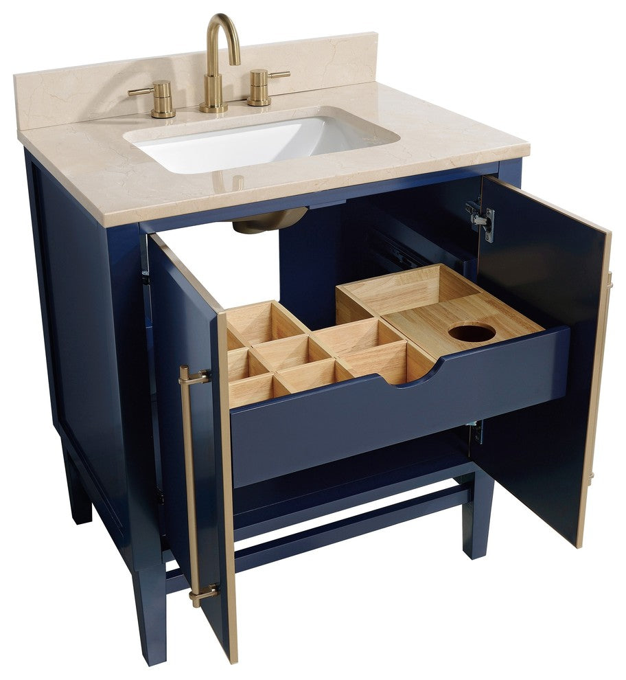 Mason 31" Vanity Combo, Navy Blue, Matte Gold Hardware / Natural 1" Crema Marfil Marble Countertop and Backsplash