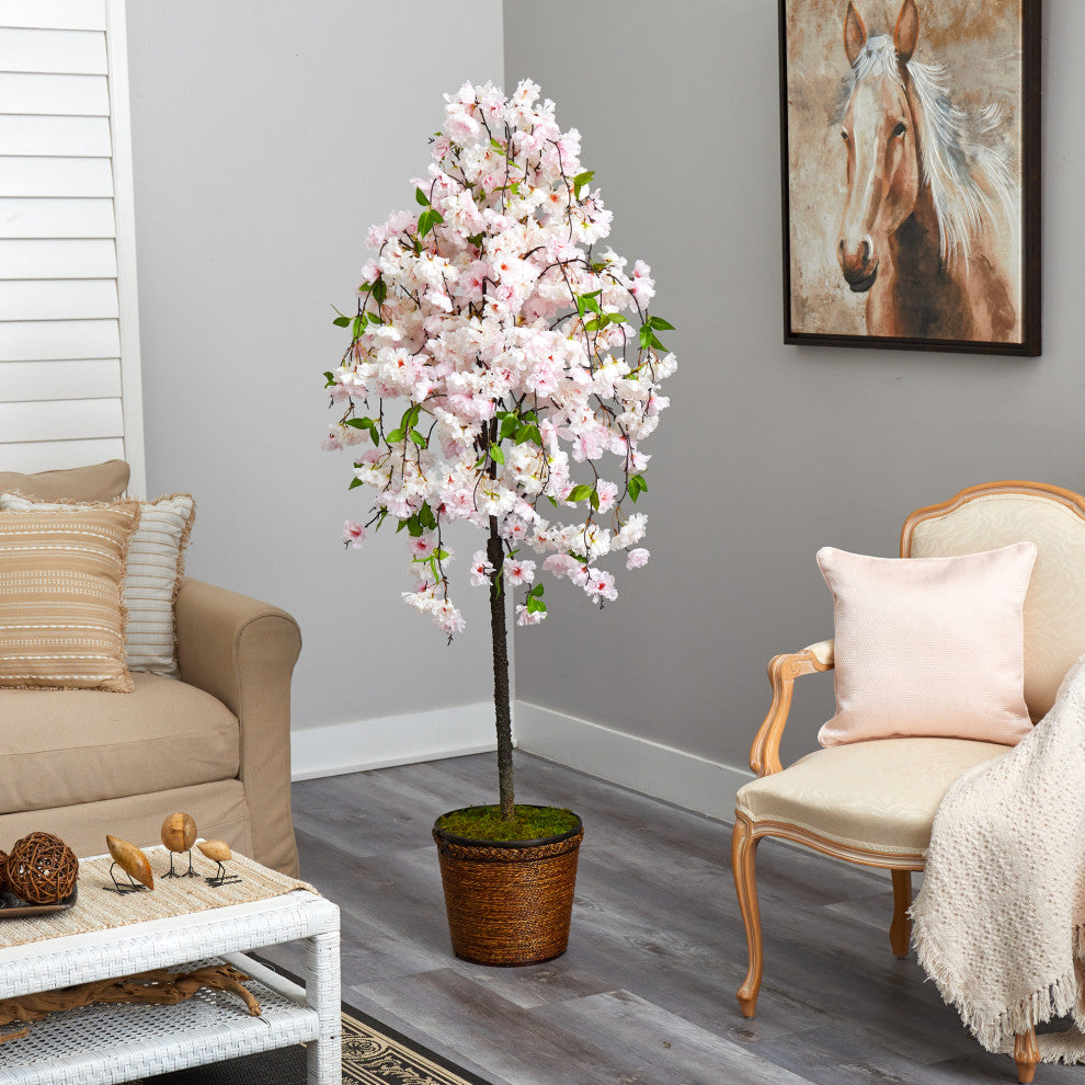70" Cherry Blossom Artificial Tree, Wicker Planter