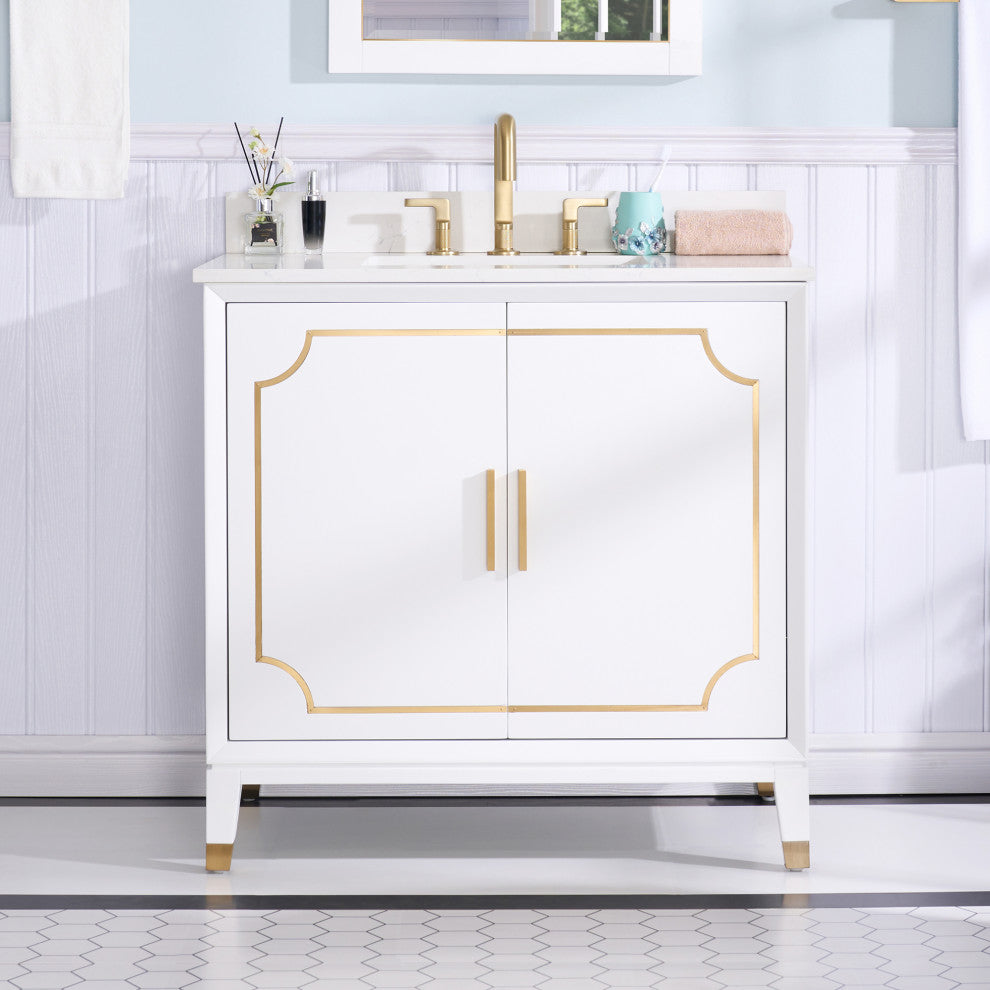 Melody Freestanding Bathroom Vanity with Wall Vanity Mirror and Quartz Top, White, 36"