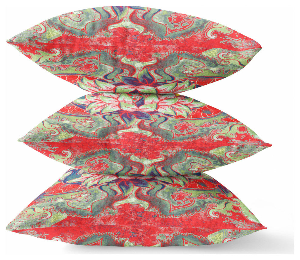20" Red Green Flower Bloom Suede Throw Pillow