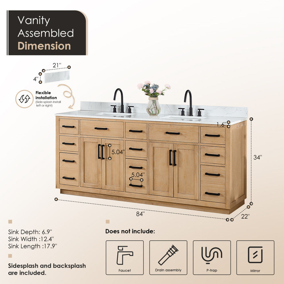 Gavino Vanity with Grain White Composite Stone Top, Light Brown/Matte Black, 84", No Mirror