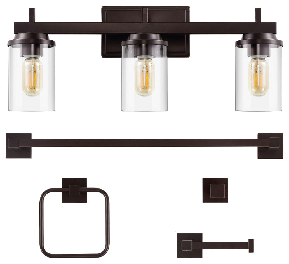 3-Light Industrial Vanity Light With Bathroom Hardware Accessory Set, 5-Piece