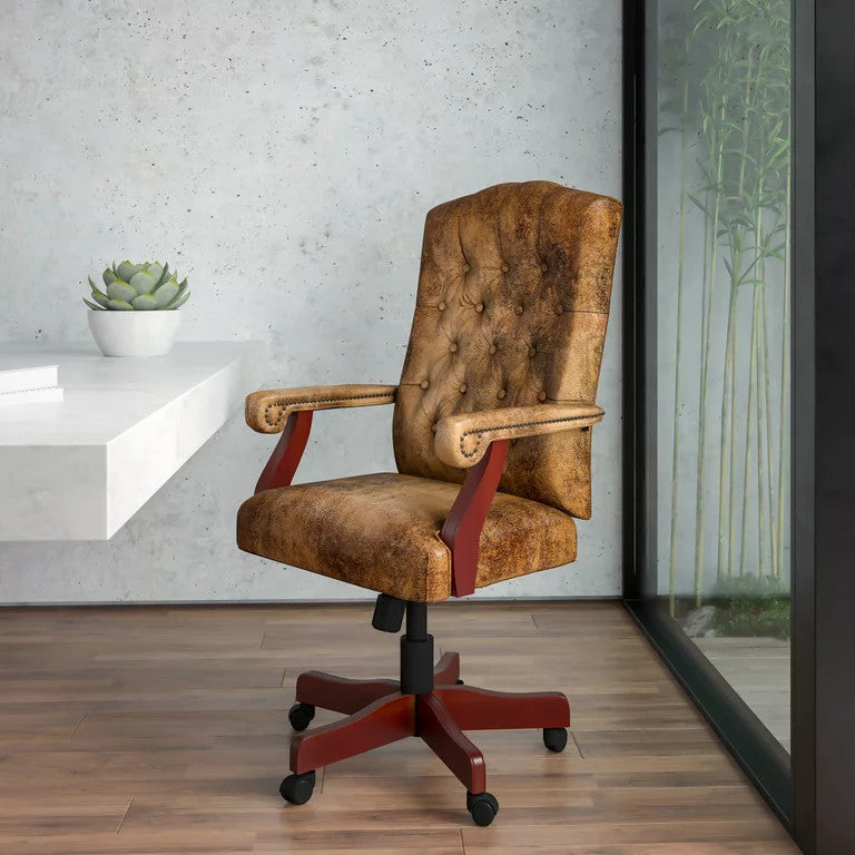 Office Chair, Button Tufted Back & Arms With Nailhead, Bomber Brown Microfiber