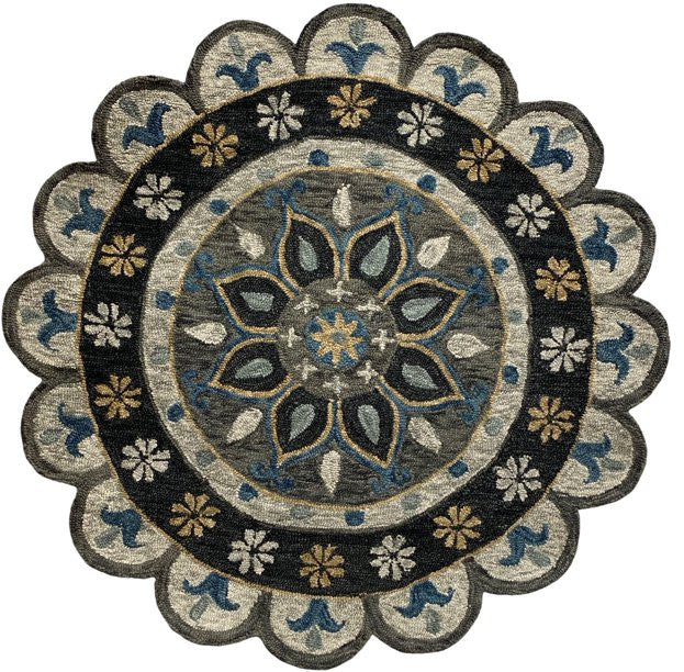 7" Round Gray Border Floral Medallion Area Rug