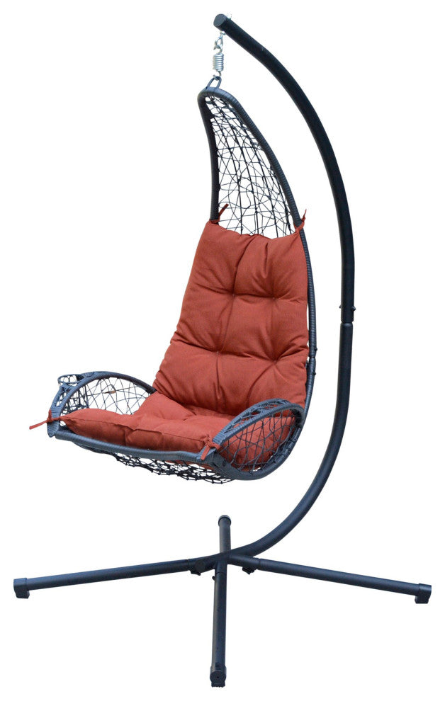 Cushioned Rattan Wicker Hanging Chair With Stand, Red