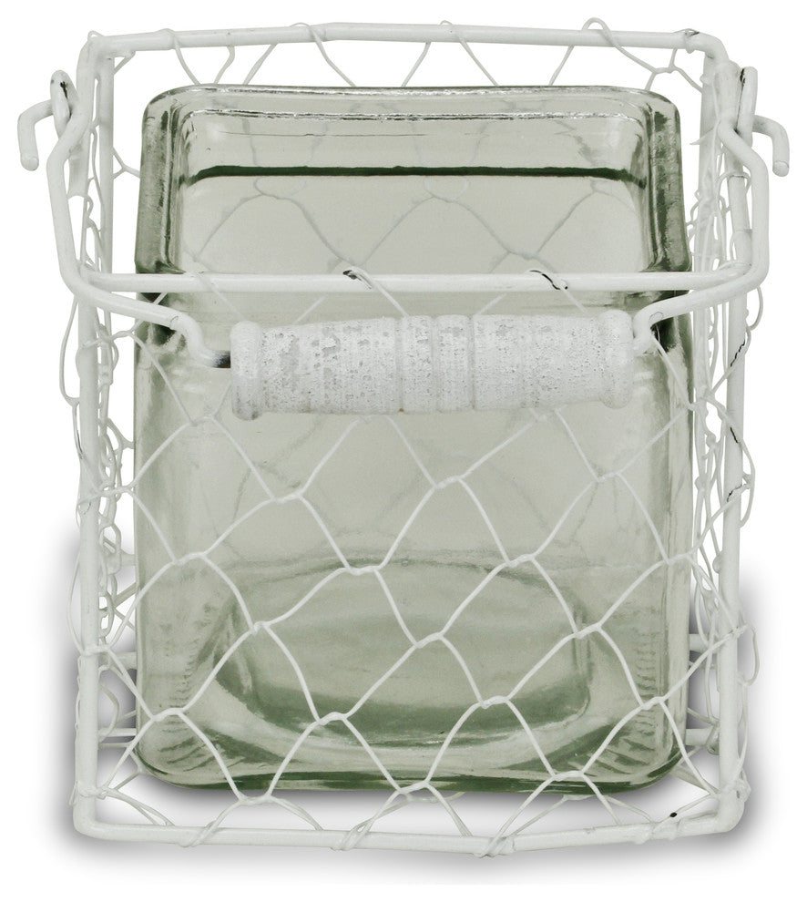 Laguna Wire Basket With Glass Jar, White, Large, Medium