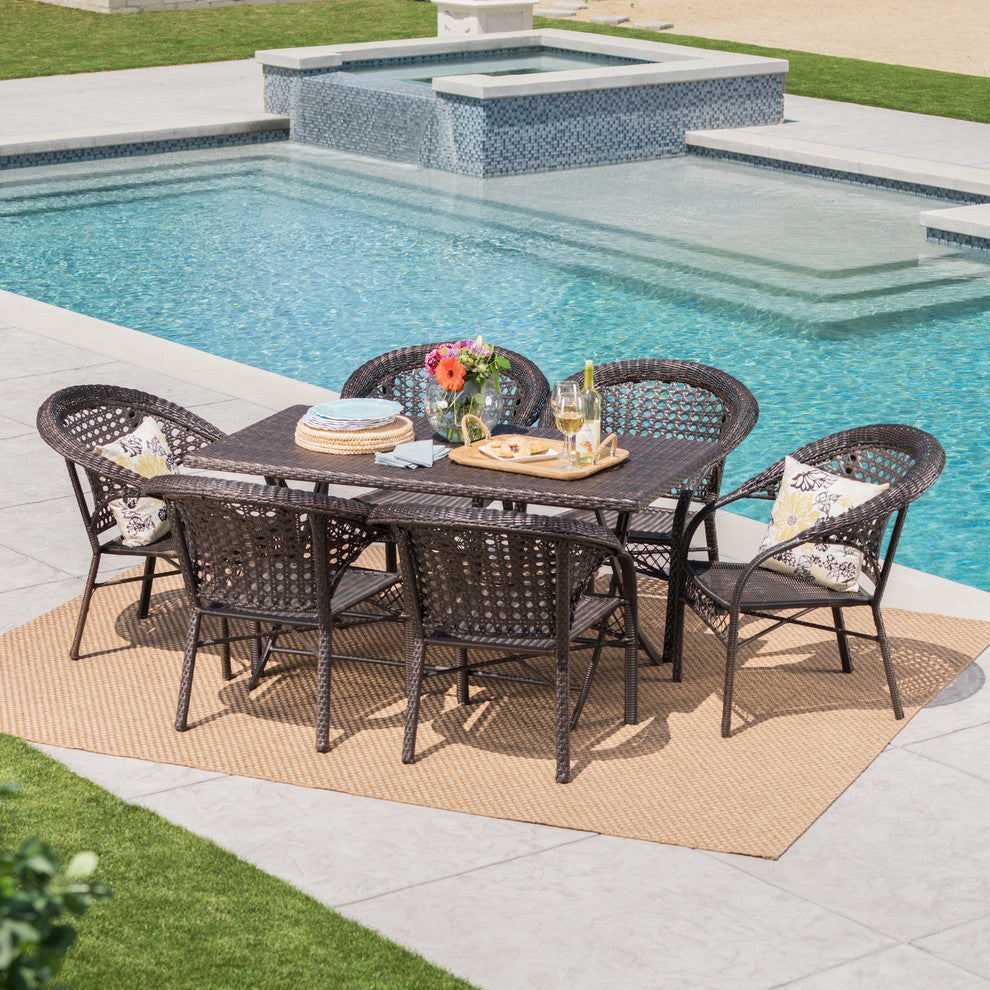 GDF Studio 7-Piece Ursula Outdoor Multi-Brown Wicker Dining Set