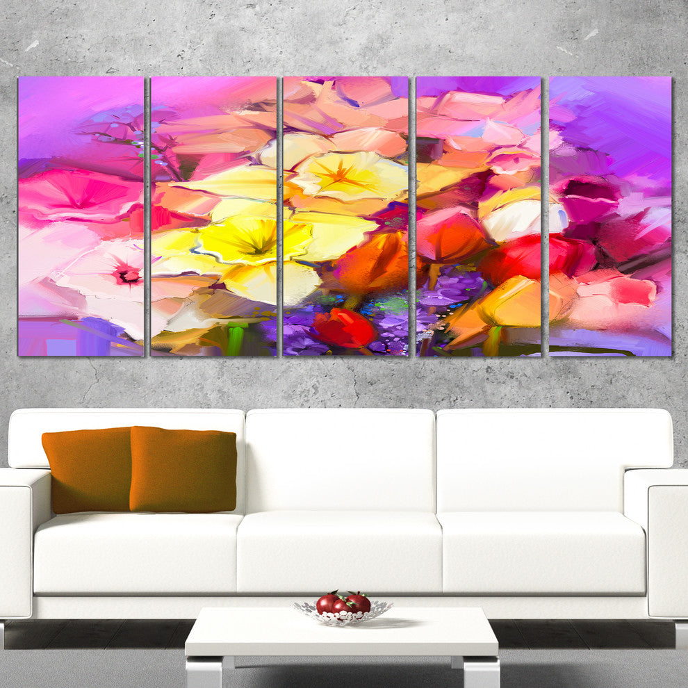 Bouquet of Daffodil and Tulip Flowers, Floral Canvas Print, 60"x28", 5 Panels