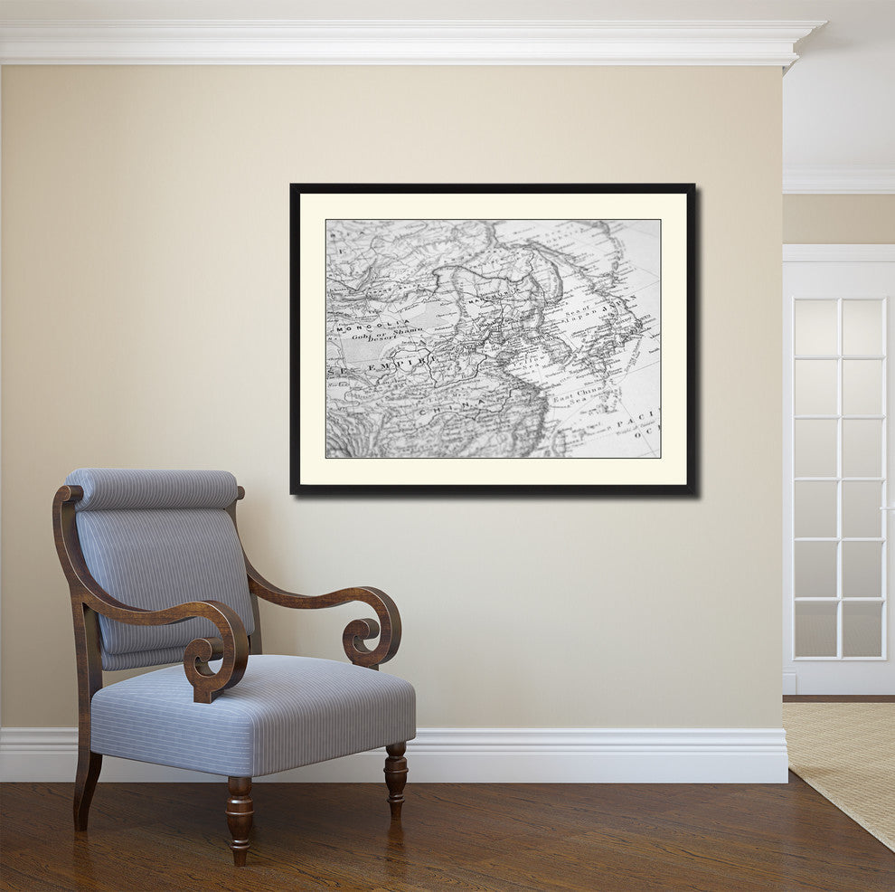 Europe, Asia Vintage Map Print On Canvas With Black Custom Frame, 28" X 37"