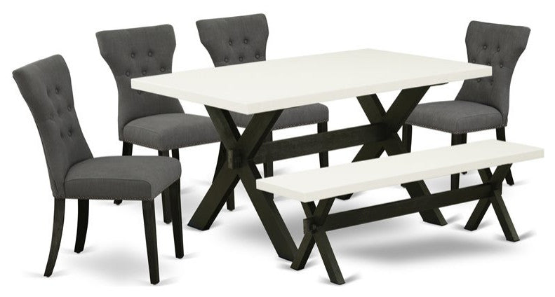 6-Piece Set, Dark Gotham Gray Seat Chairs, Bench and Table, Linen White/Black