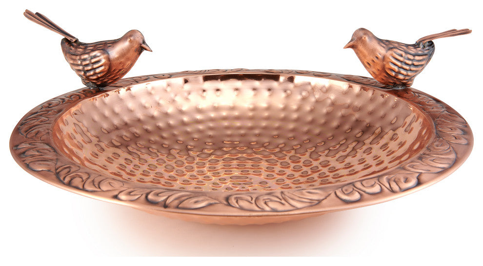 Pure Copper Bird Bath With 2 Copper Birds and Tree Theme Multiprong Garden Pole