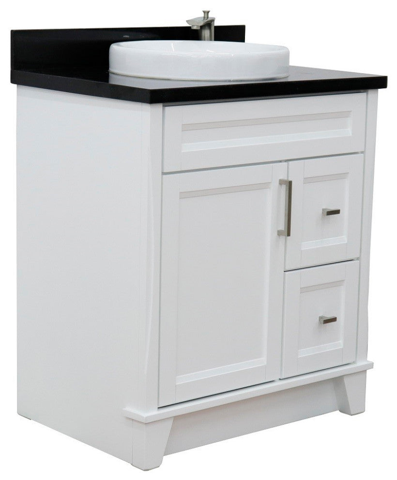 31" Single Sink Vanity, White Finish With Black Galaxy Granite With Round Sink