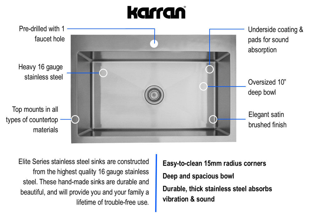 Karran 33" Top Mount Single Bowl Stainless Steel Kitchen Sink Kit