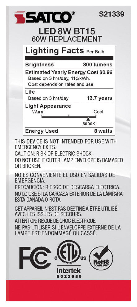 8W BT15 LED, White, Medium Base, 90 CRI, 5000K, 120V