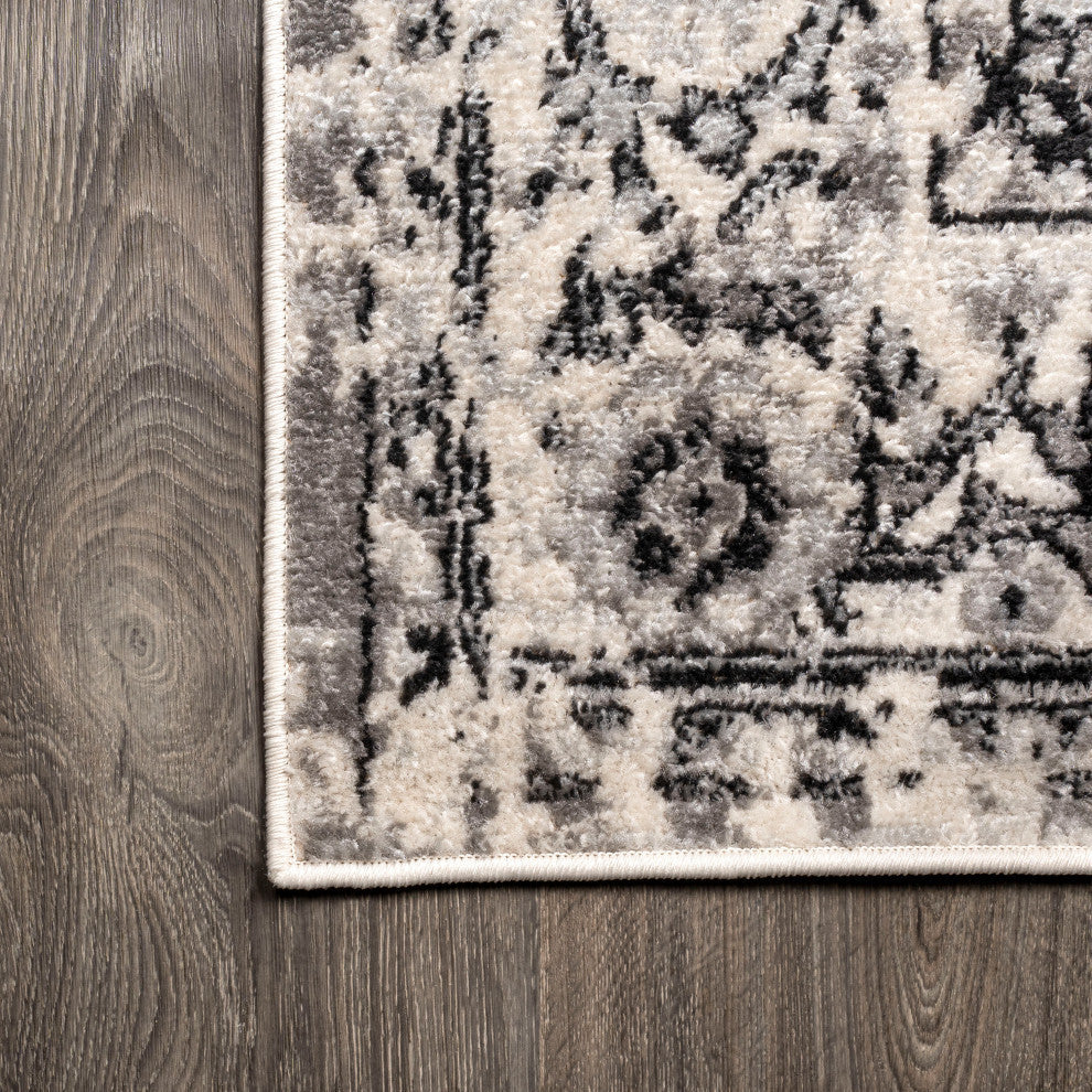 Denia Ornate Geometric Medallion Area Rug, Dark Gray, 2 X 8