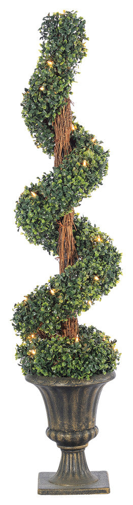 Pre-Lit Potted Boxwood Spiral Tree With 35 Clear Lights, 4 Foot