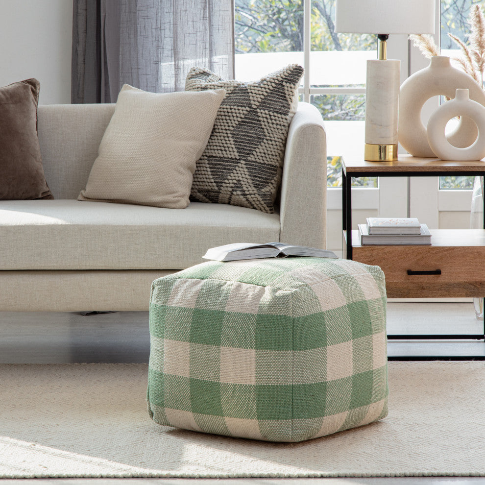 Spring Sky 20" x 20" x 20" Ivory and Green Pouf