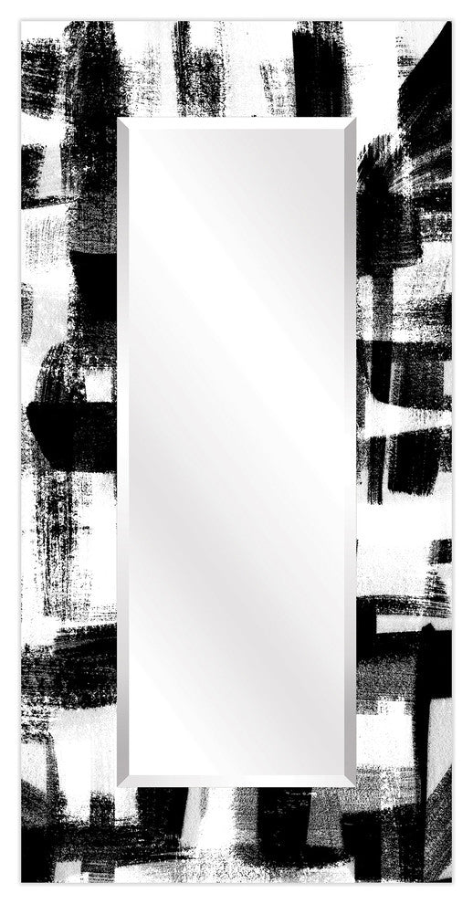 Abstract Rectangular Beveled Wall Mirror on Free Floating Printed Tempered Glass