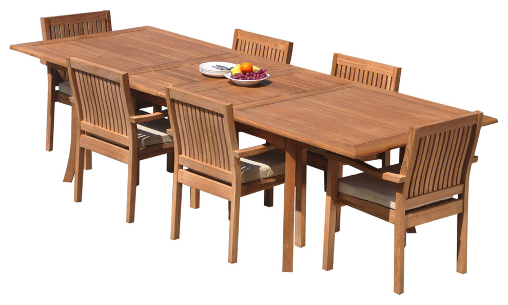 7-Piece Outdoor Teak Dining Set: 117" Rectangle Table, 6 Leveb Stacking Chairs
