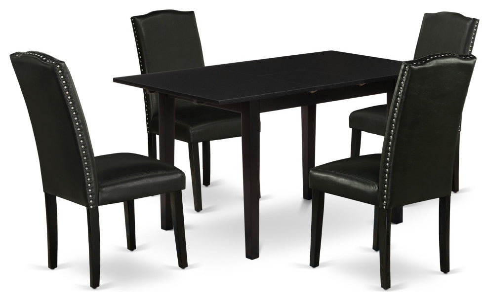 5Pc Dining Set, Nail Head Parson Chairs, Butterfly Leaf Table, Black