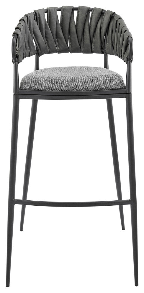 Vigona Bar Stool in Black Metal with Grey Fabric and Faux Leather