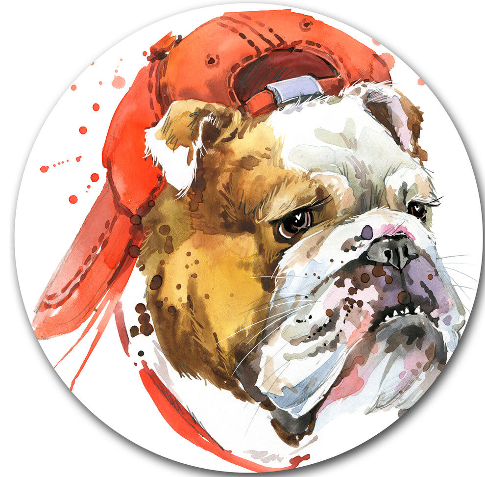 Bulldog Illustration Art, Animal Round Metal Wall Art, 11"
