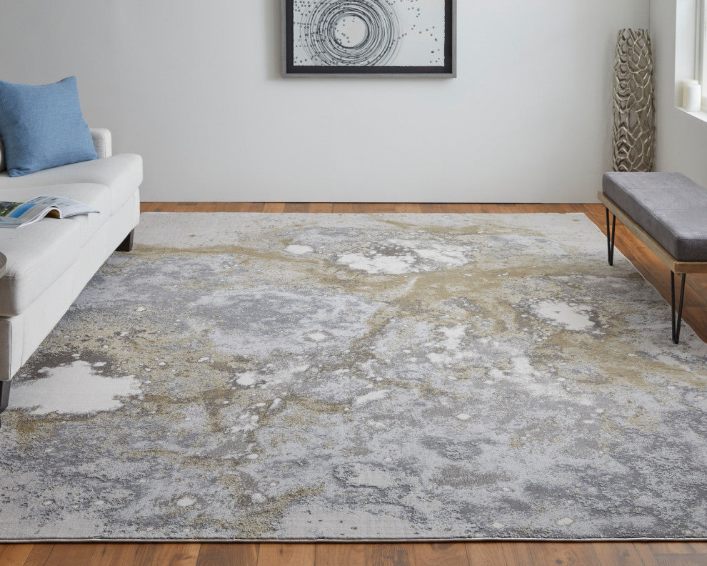 Oria Industrial Abstract Area Rug, Gray/Gold/Ivory, 8'x10'