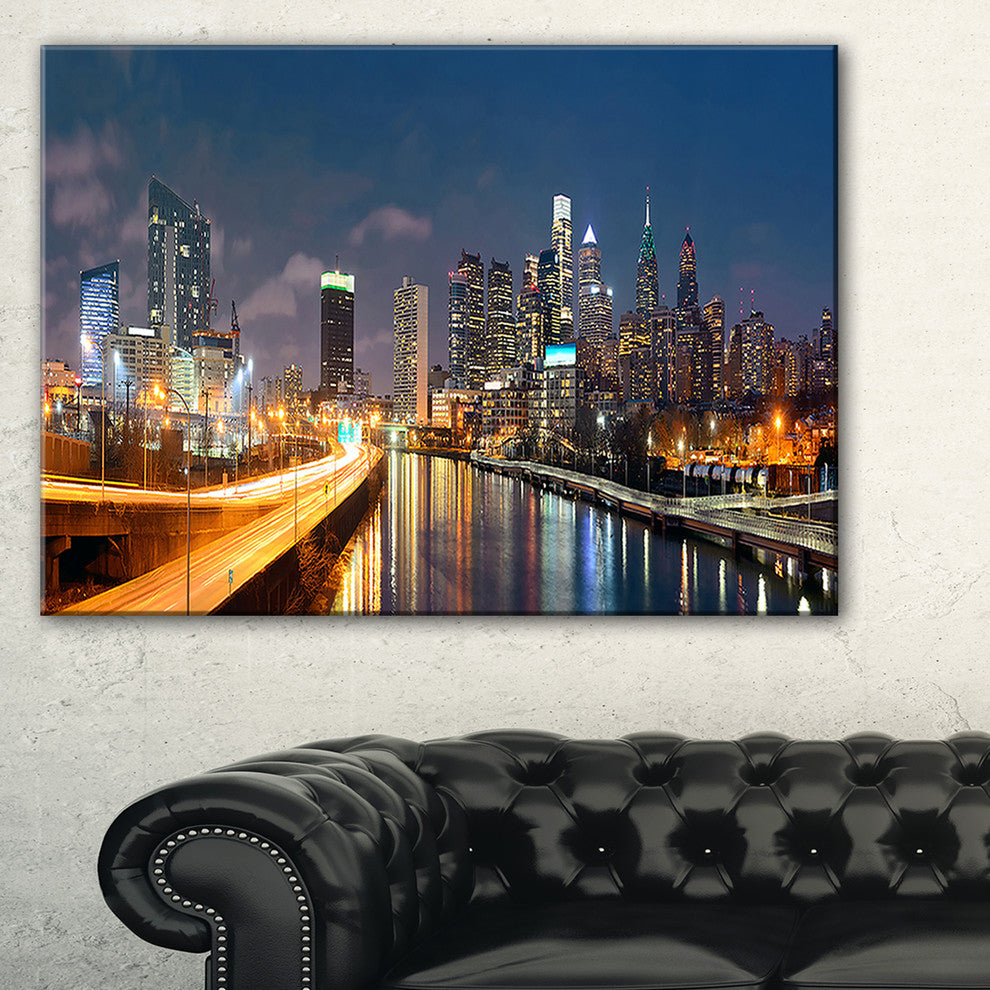 "Philadelphia Skyline at Night" Canvas Print60"x28", 1 Panel